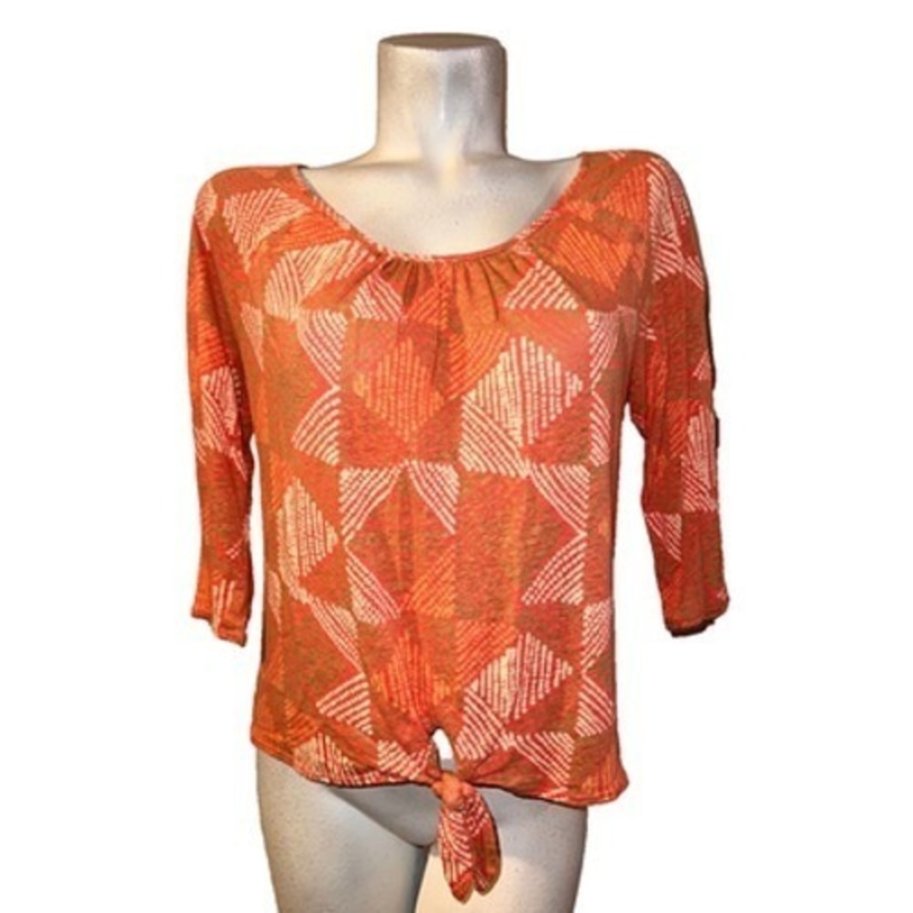 Lucky Brand Womens Coral Geometric Print Tie Front 3/4 Sleeve Knit Top Medium M